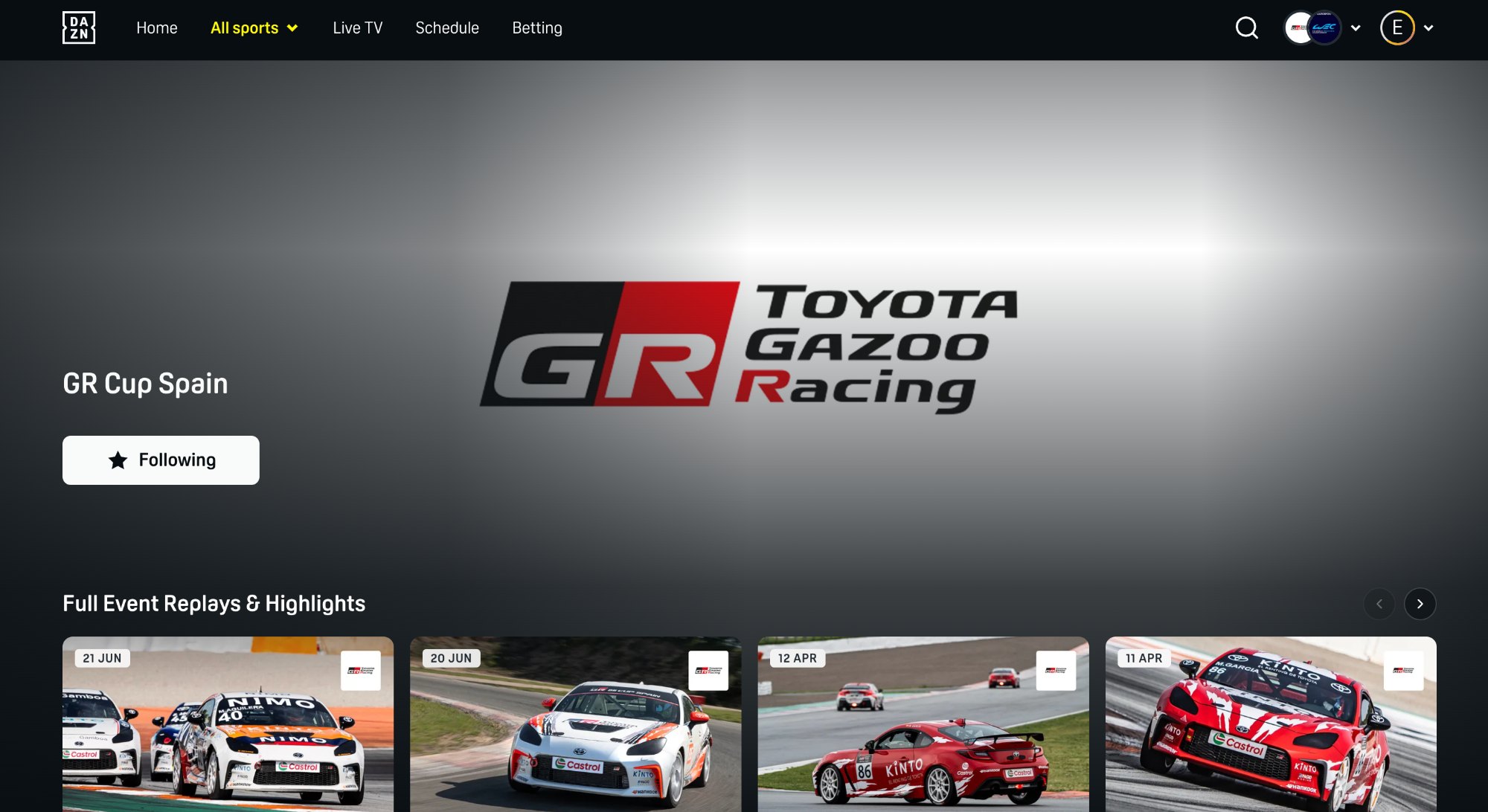 The GR Cup Spain page on DAZN, full event replays, highlights and live race coverage